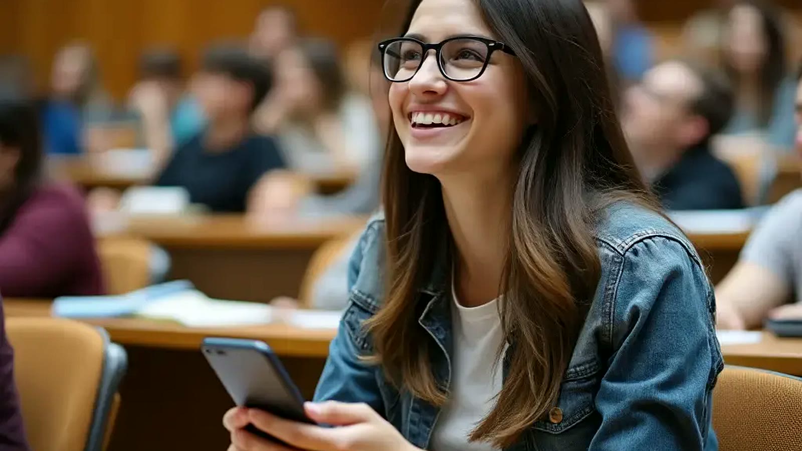 Estudiante en un aula universitaria usando Hedy en su teléfono durante una clase