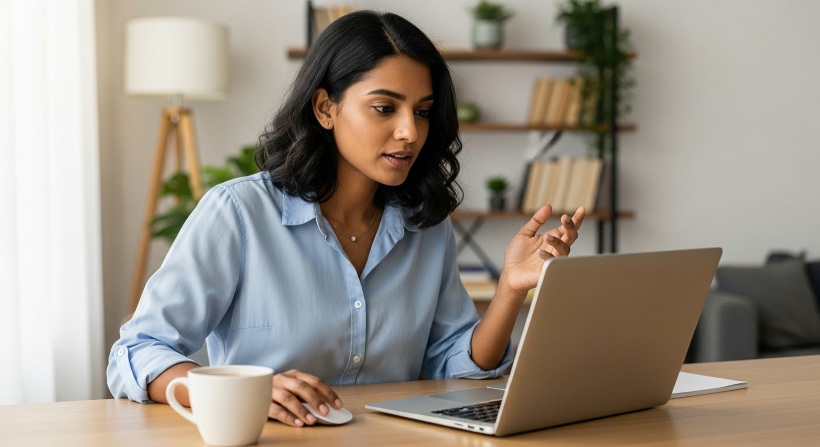 Femme faisant des gestes en parlant lors d'un appel vidéo à son bureau de home office avec une tasse de café et un ordinateur portable