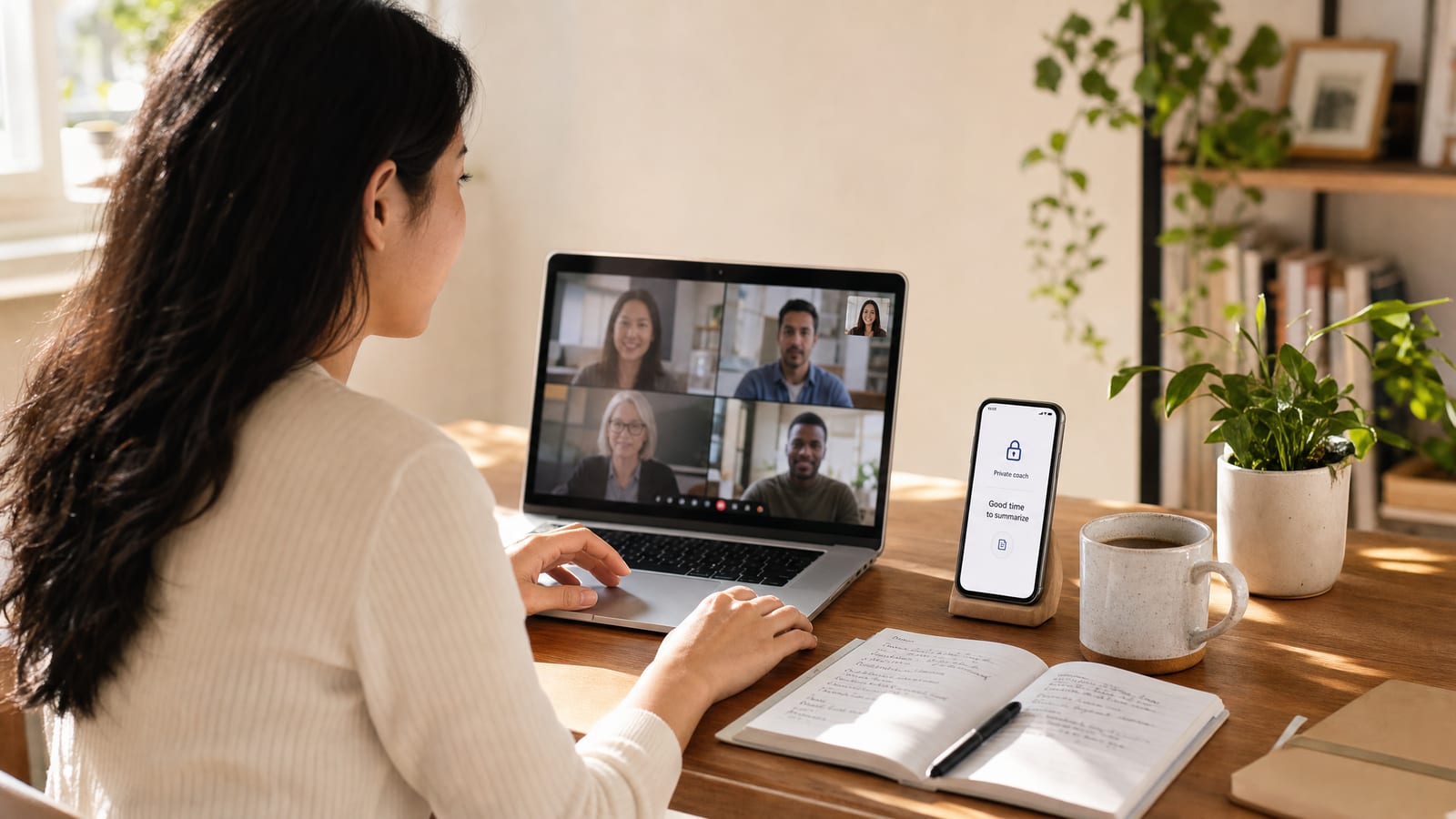 Profesional usando apoyo privado de un coach de reuniones con IA durante una videollamada