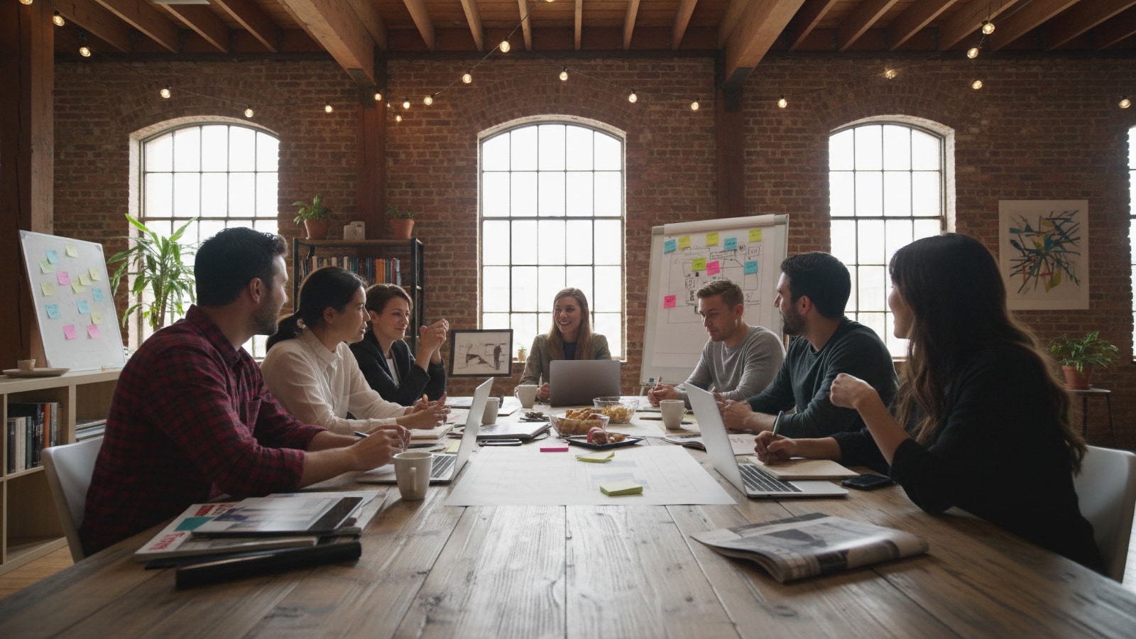 Équipe de sept personnes collaborant autour d'une longue table dans un bureau loft aux murs de briques avec des tableaux blancs