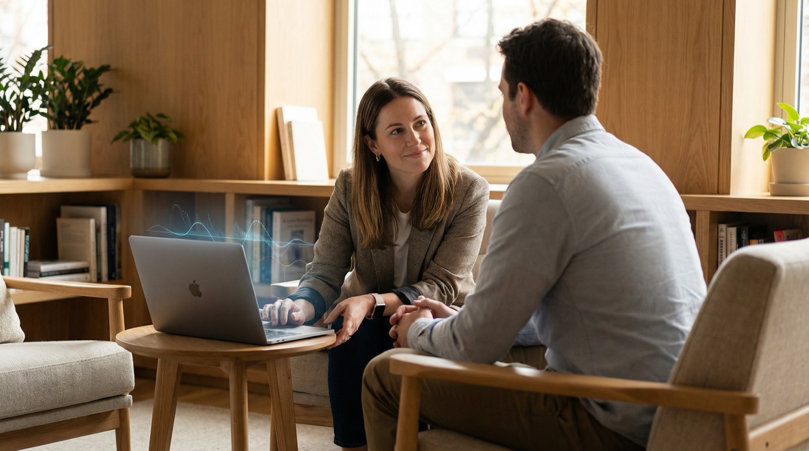 Femme et homme ayant une conversation privée dans un salon confortable avec un ordinateur portable ouvert sur une petite table