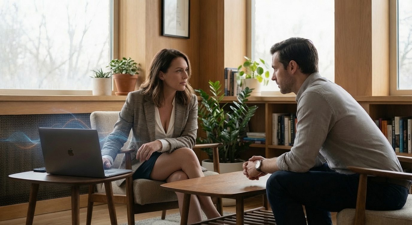 Woman and man in a relaxed one-on-one conversation in a warm wood-paneled room with a laptop nearby