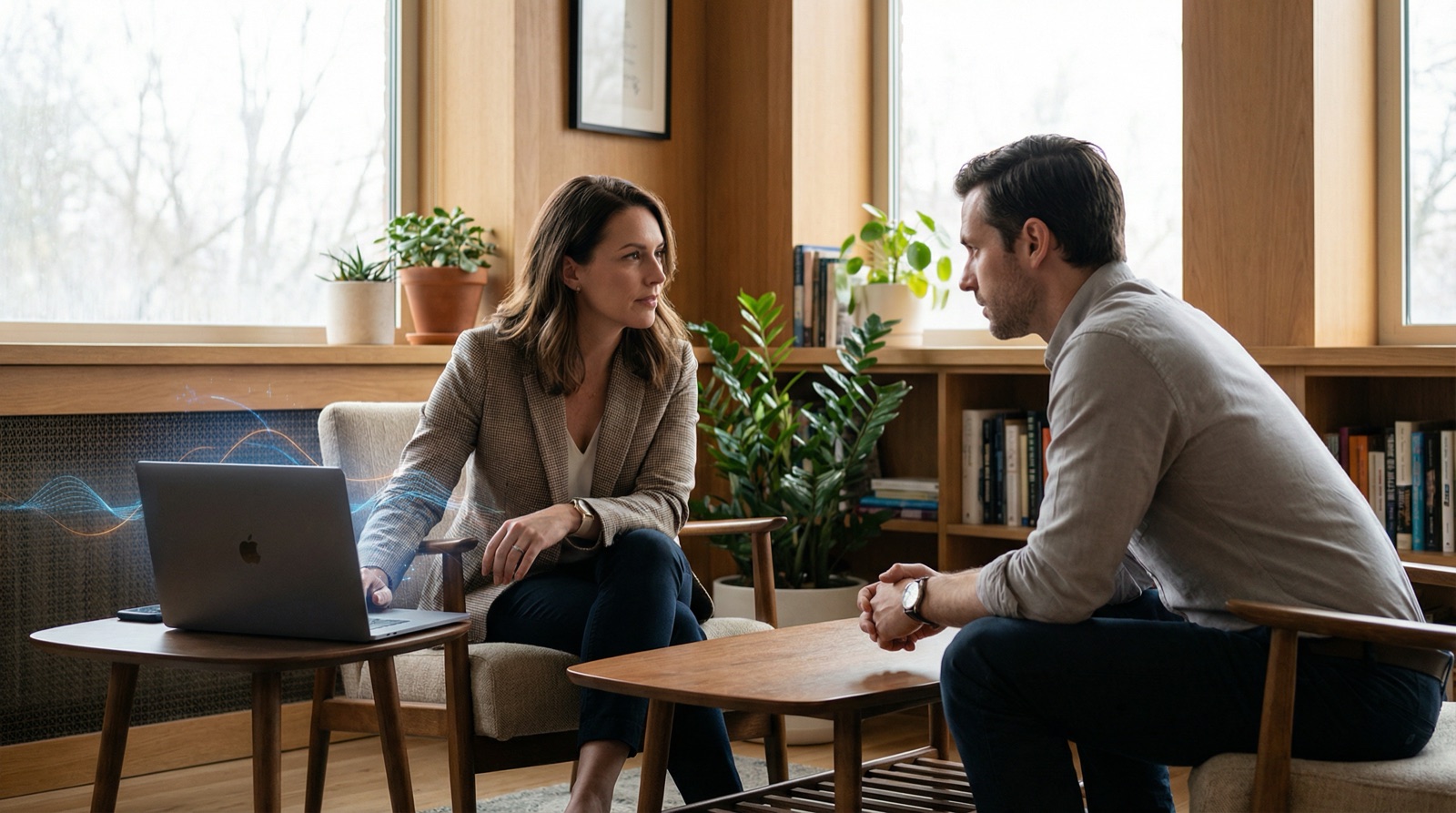 Femme et homme dans une conversation détendue en tête-à-tête dans une pièce chaleureuse avec des boiseries et un ordinateur portable à proximité