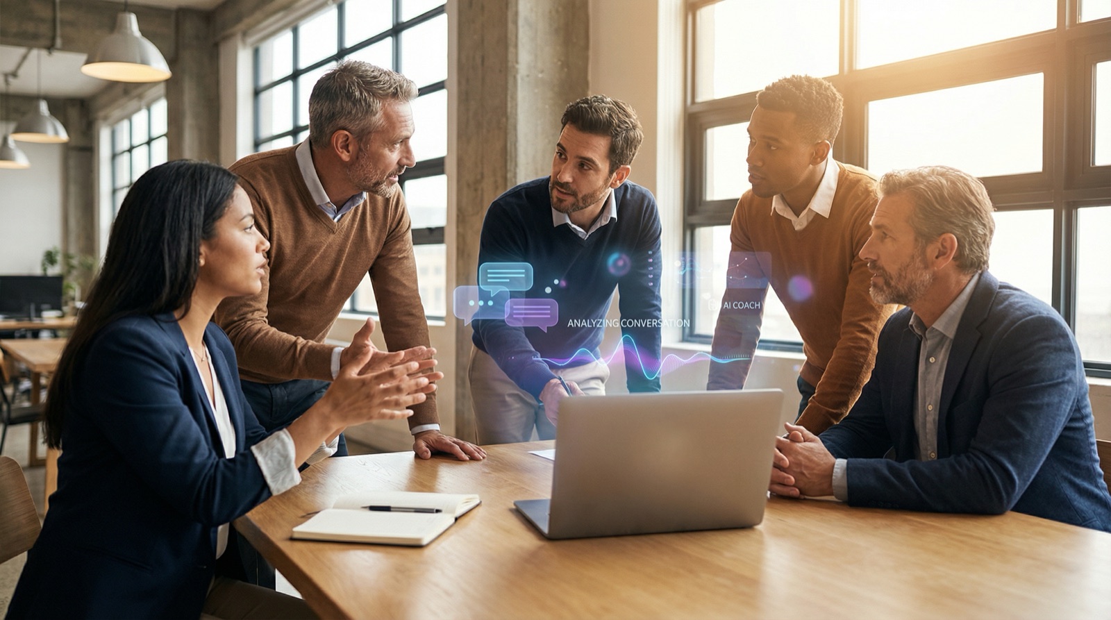 Cinq collègues rassemblés autour d'un ordinateur portable dans un bureau ensoleillé avec des superpositions de chat numériques à l'écran