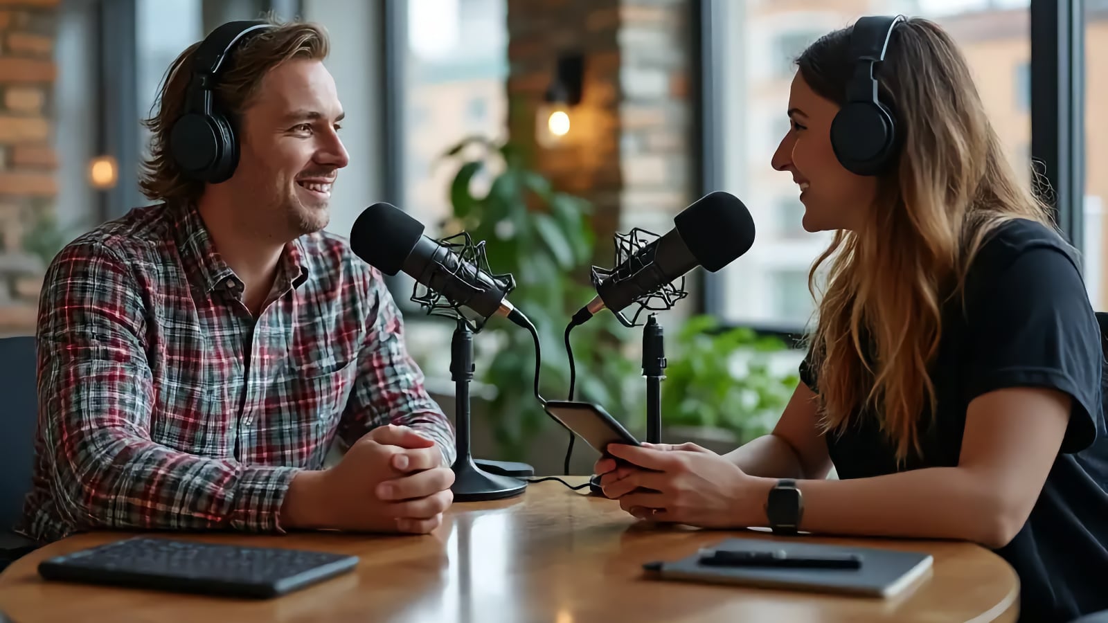 Deux personnes portant des casques audio se souriant à travers une table avec des microphones de podcast