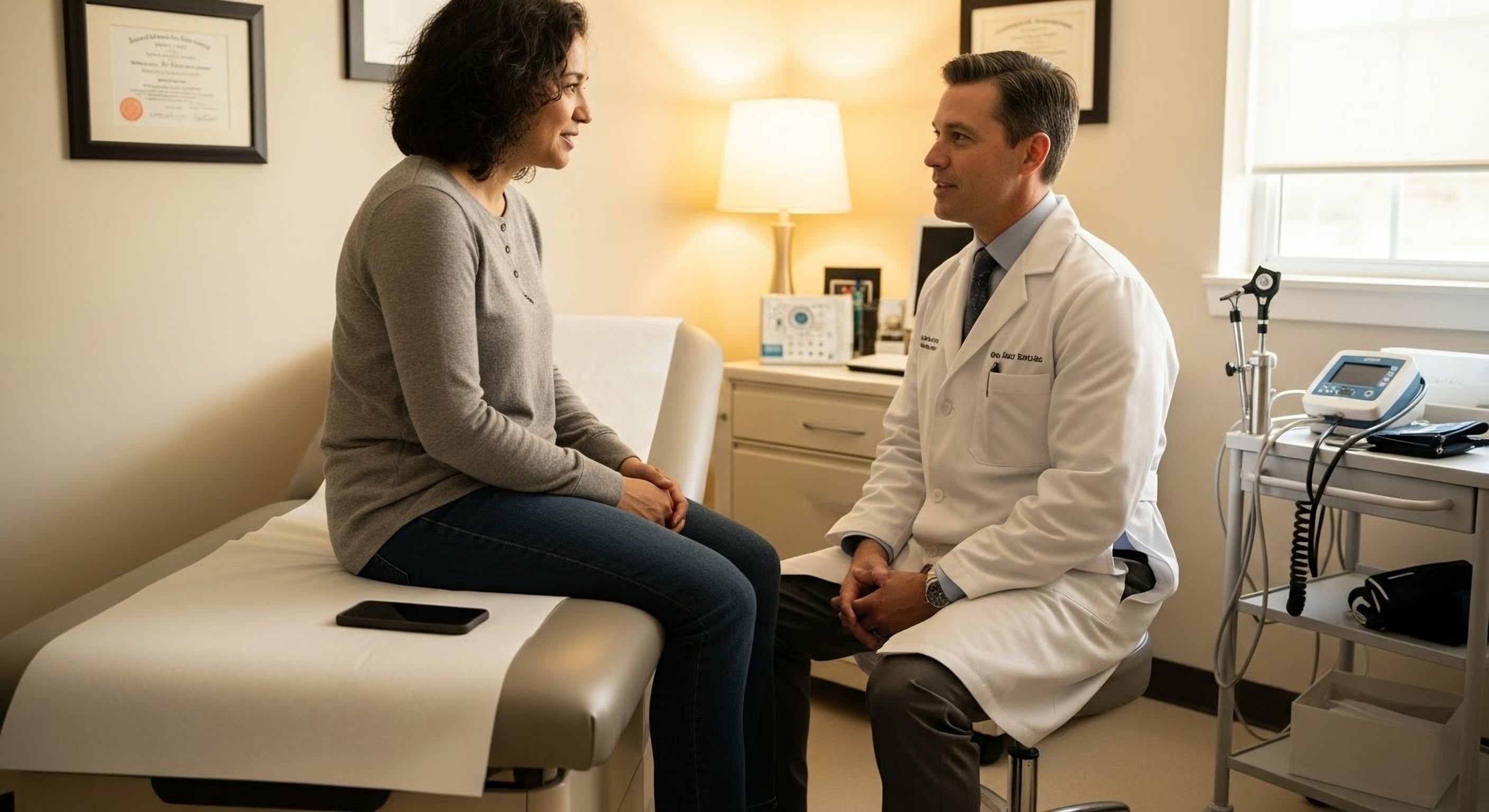 Patient assis sur une table d'examen discutant avec un médecin en blouse blanche dans un cabinet médical