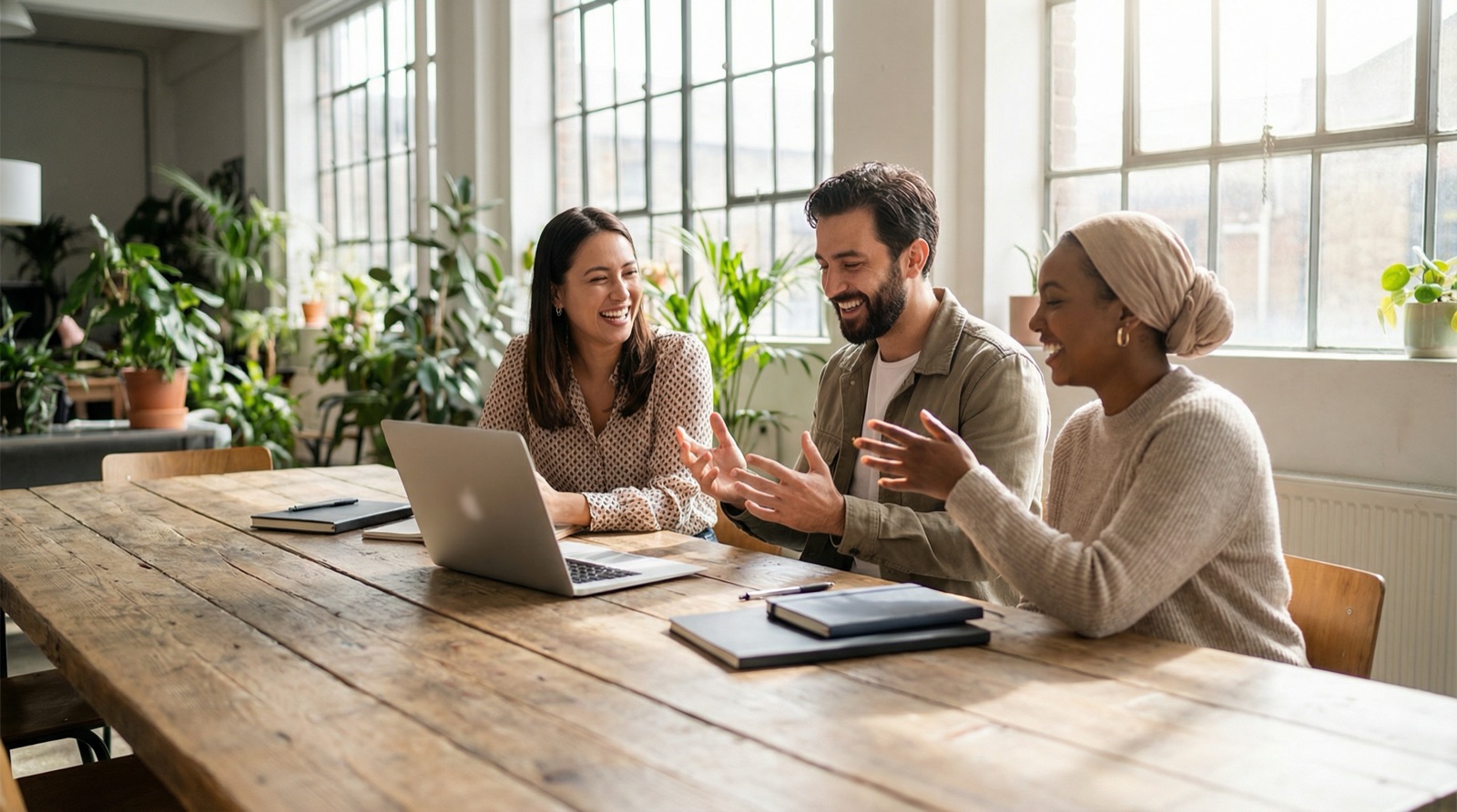 Trois collègues riant ensemble autour d'un ordinateur portable sur une table en bois dans un bureau lumineux avec des plantes