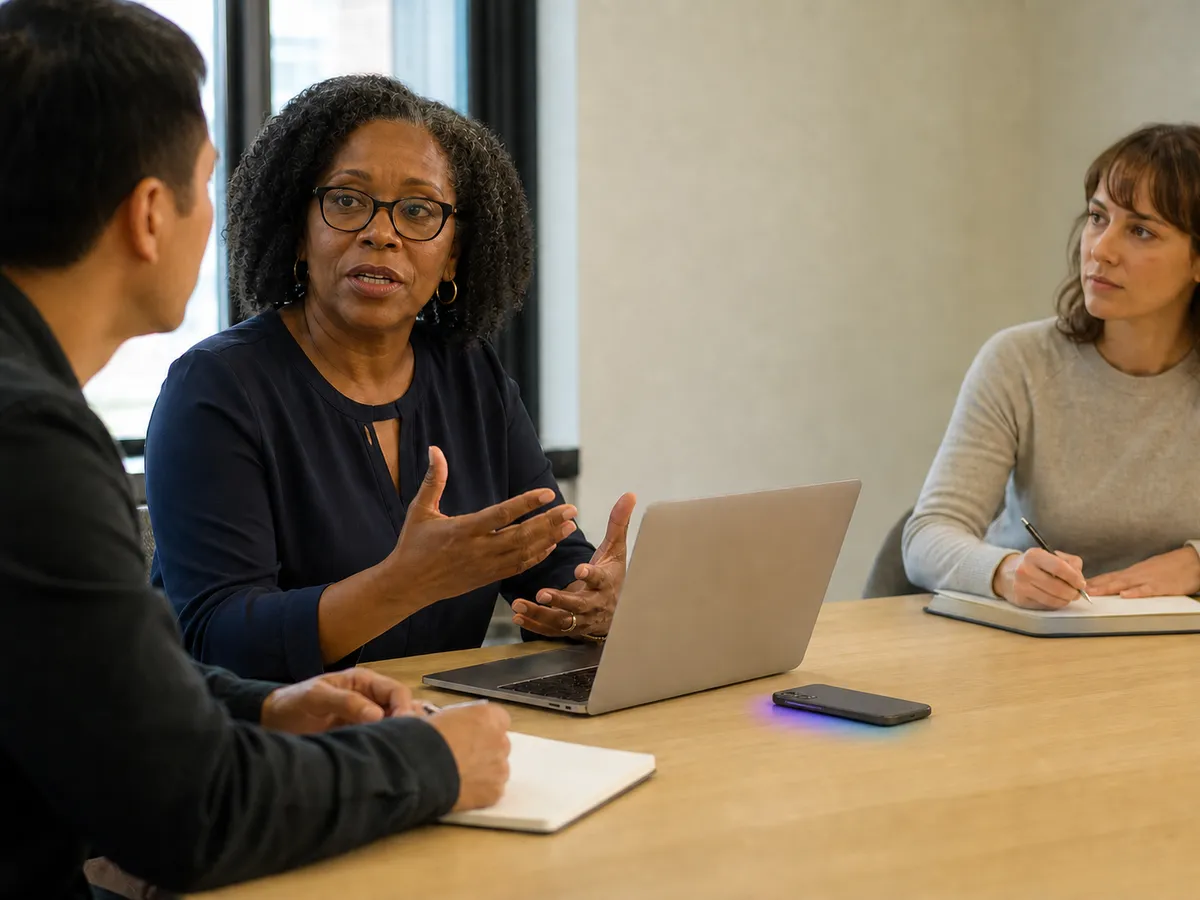 Three professionals meeting in a small conference room, led by a Black woman speaking beside an open MacBook and a face-down phone with a subtle cyan and purple glow