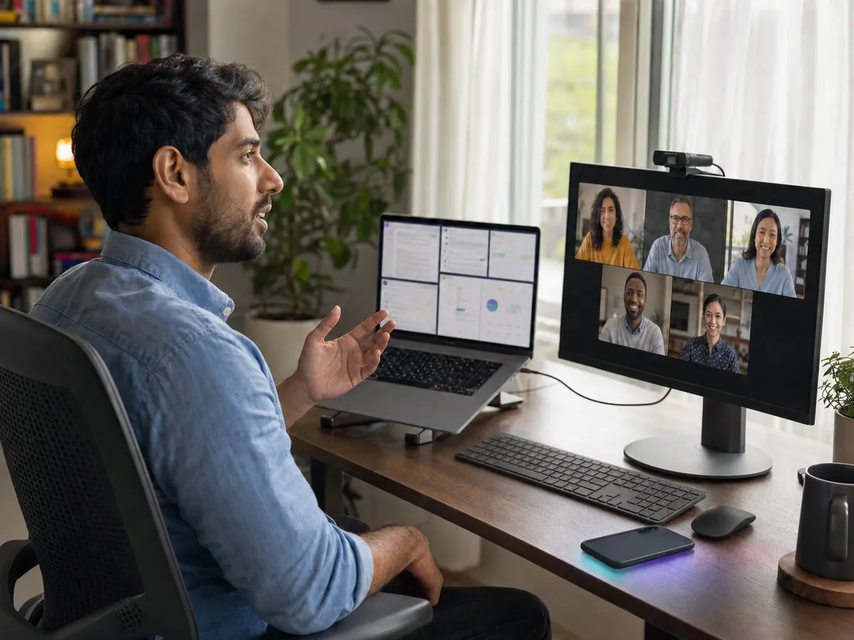 Man speaking during a virtual meeting at his home desk, with the video call on an external monitor, productivity tools on his laptop screen, and a face-down iPhone glowing softly beside the keyboard