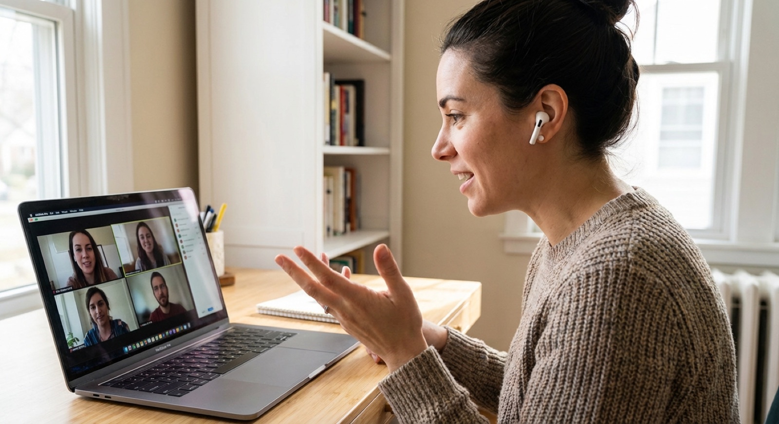 Femme portant des écouteurs faisant des gestes pendant un appel vidéo avec quatre participants sur son ordinateur portable à la maison