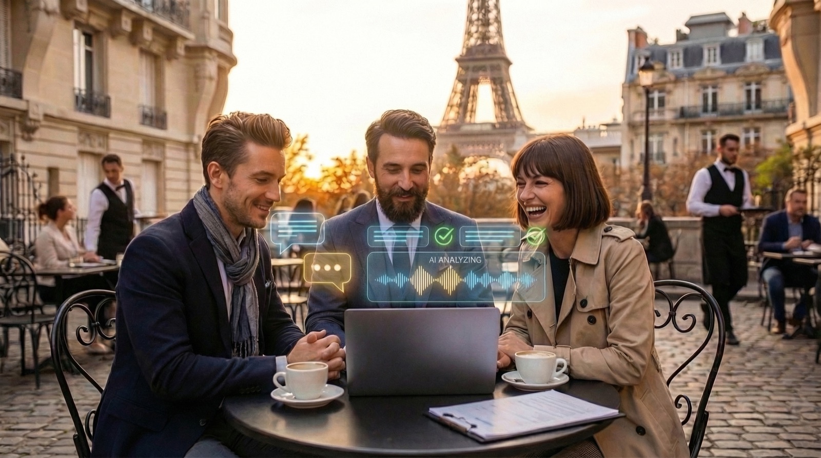 Trois professionnels utilisant un ordinateur portable dans un café parisien avec la Tour Eiffel en arrière-plan et des graphiques IA en surimpression