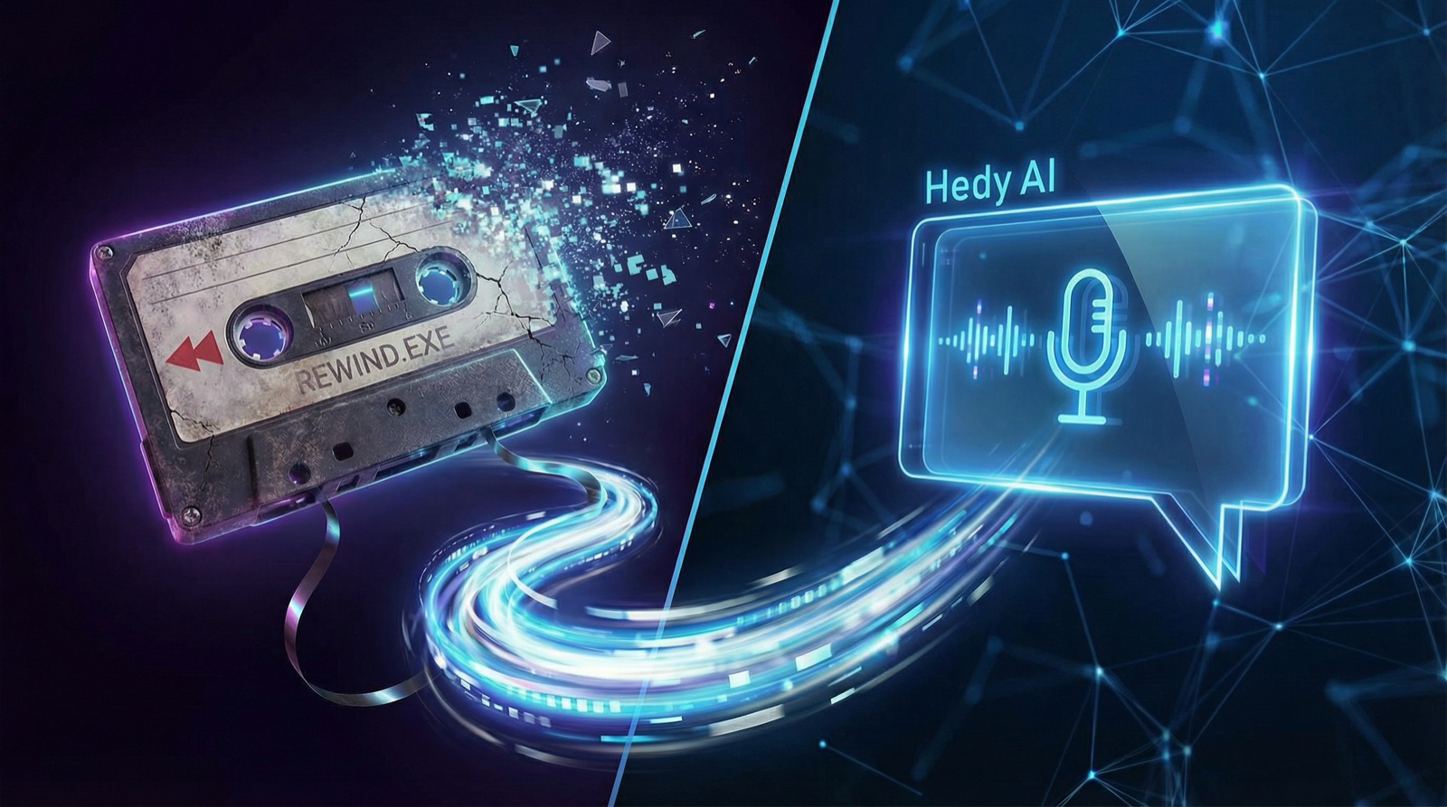 Illustration divisée d'une cassette audio en ruine étiquetée Rewind se transformant en icône de microphone Hedy AI