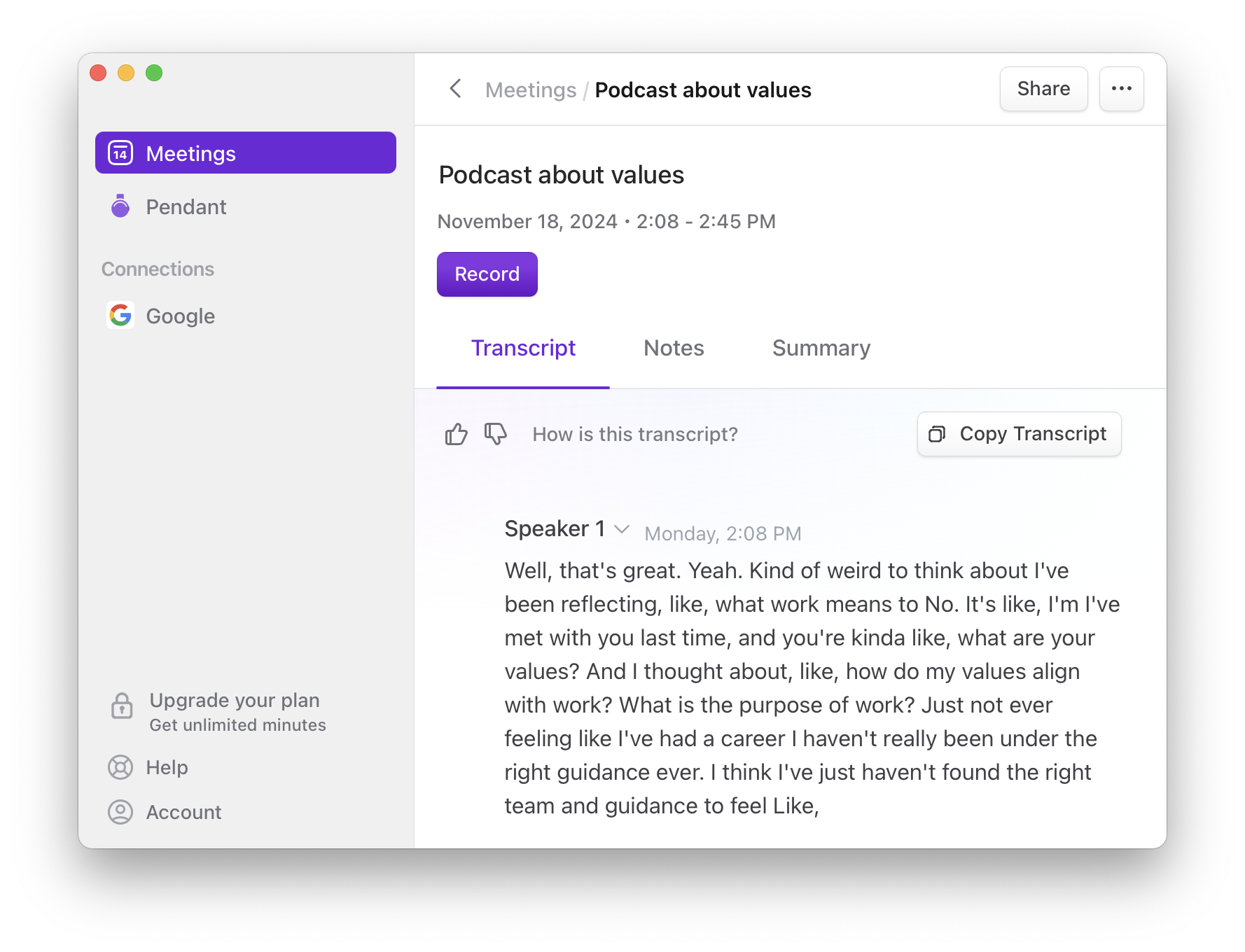 Sie können das Transkript jedes wichtigen Meetings aus Limitless exportieren