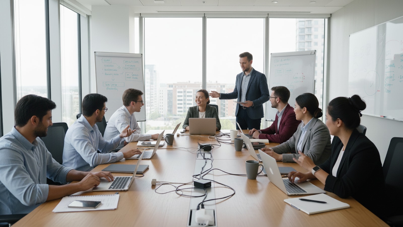 Équipe de huit professionnels dans une salle de conférence vitrée avec un présentateur debout devant un tableau blanc