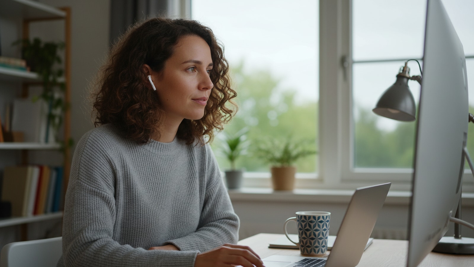 Femme aux cheveux bouclés portant des écouteurs sans fil travaillant sur un ordinateur portable et un écran dans un bureau à domicile lumineux