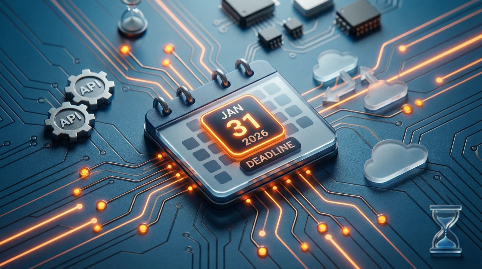 Illustration 3D d'un circuit imprimé avec des engrenages API, des icônes cloud et une puce luminescente avec la date limite du 31 janvier 2026