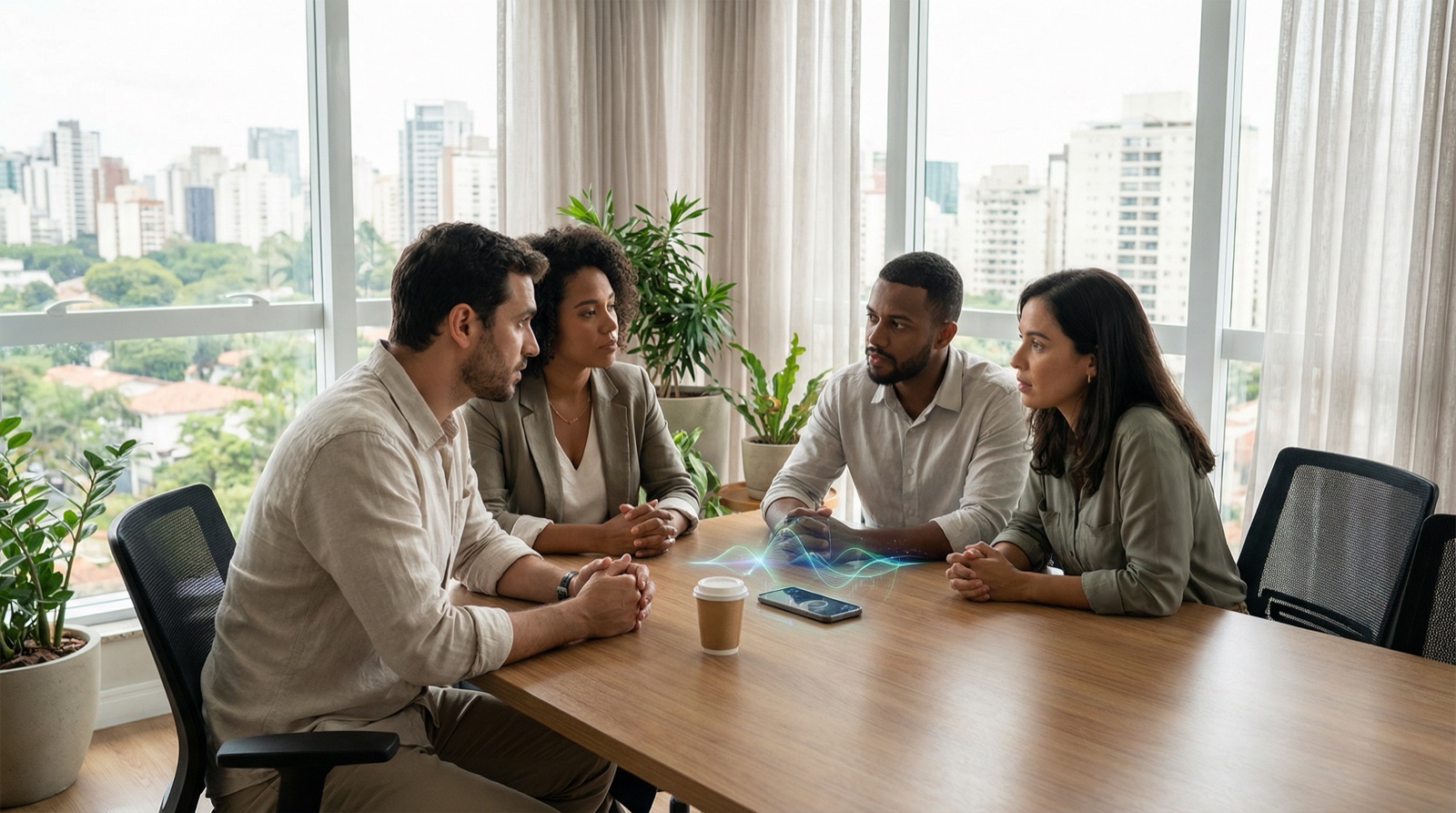 Quatre collègues en discussion concentrée autour d'une table de conférence avec le panorama d'une ville en arrière-plan