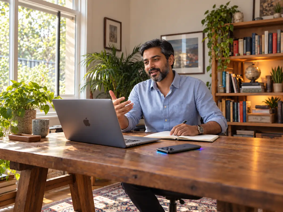 South Asian man speaking on a video call at his desk, one hand on a paper notebook, beside a MacBook and a face-down phone with a subtle cyan and purple glow