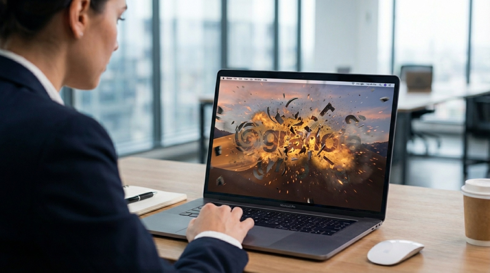 Professionnel à un bureau regardant un graphique d'explosion spectaculaire sur un écran d'ordinateur portable