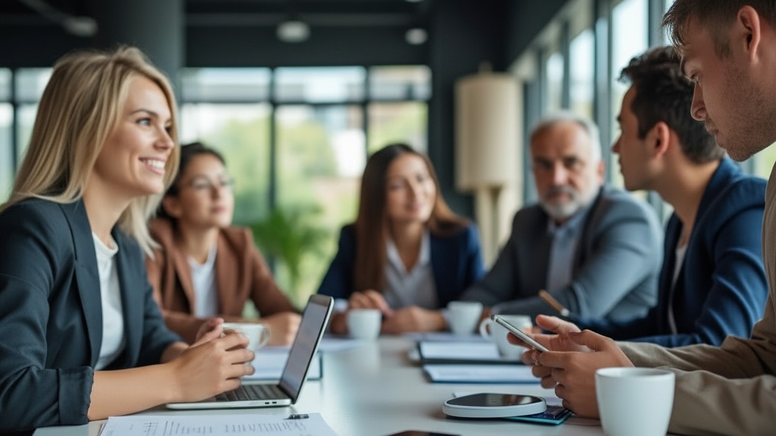 Femme souriante animant une réunion avec cinq collègues autour d'une table de conférence avec des ordinateurs portables