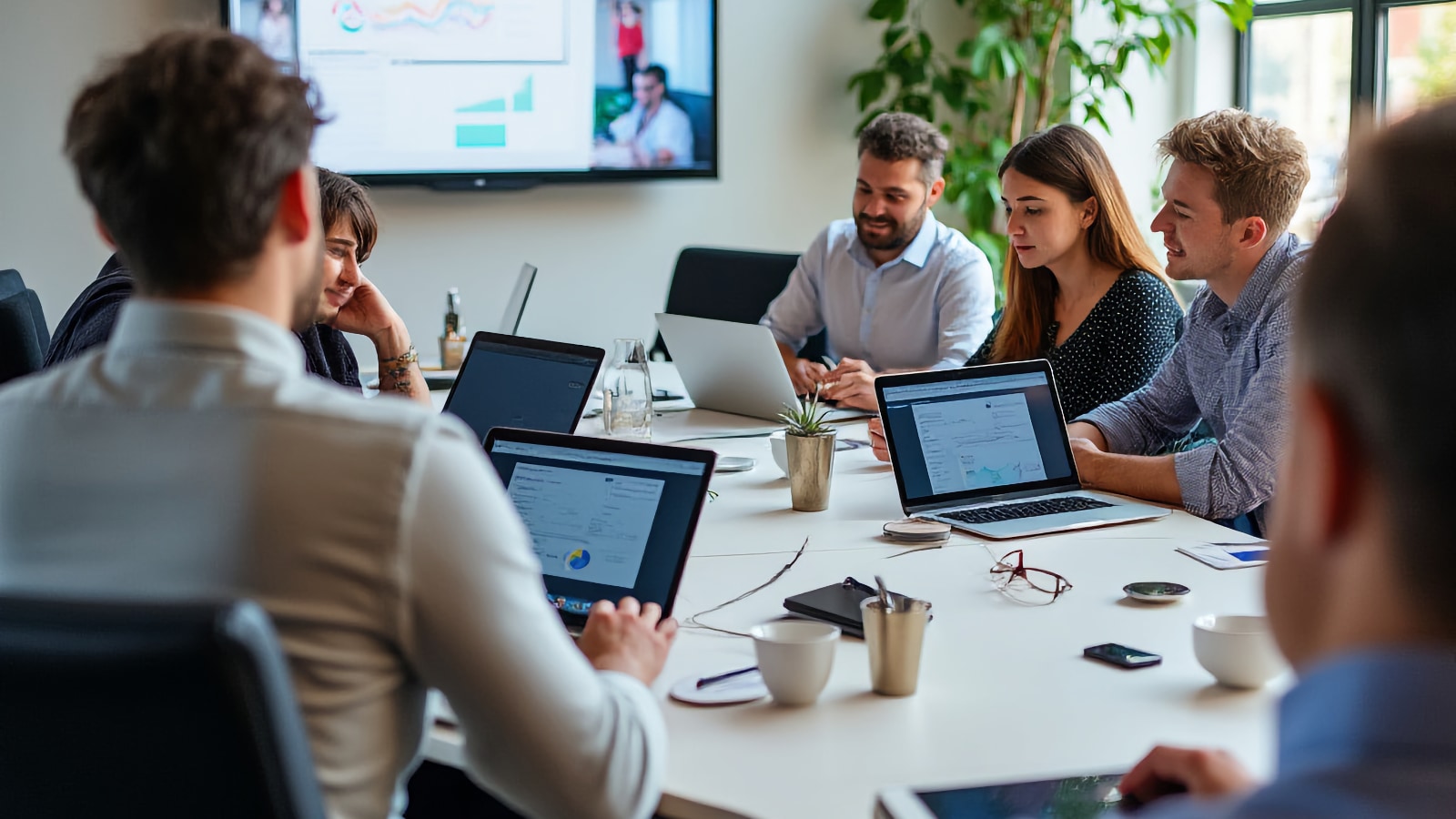 Équipe collaborant autour d'une table de conférence avec des ordinateurs portables et un écran de présentation