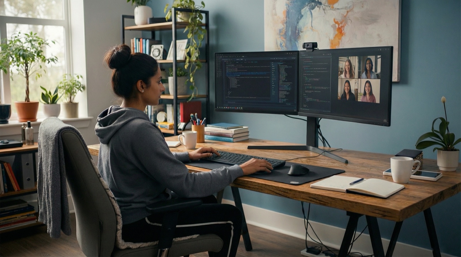 Femme travaillant à un bureau à domicile avec deux écrans affichant du code et un appel vidéo