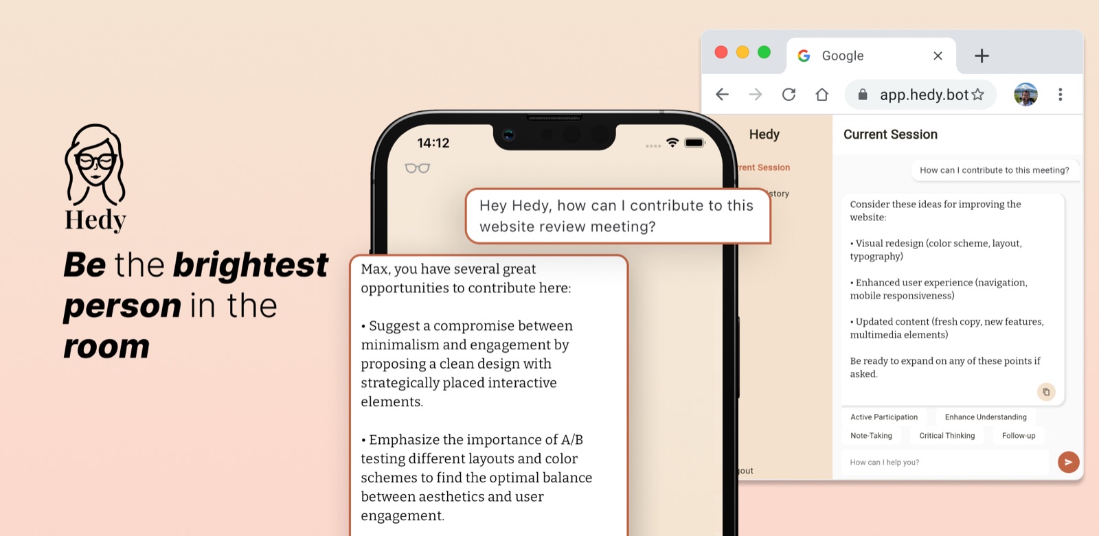 Application Hedy affichée sur un téléphone et un navigateur de bureau avec des suggestions de coaching de réunion