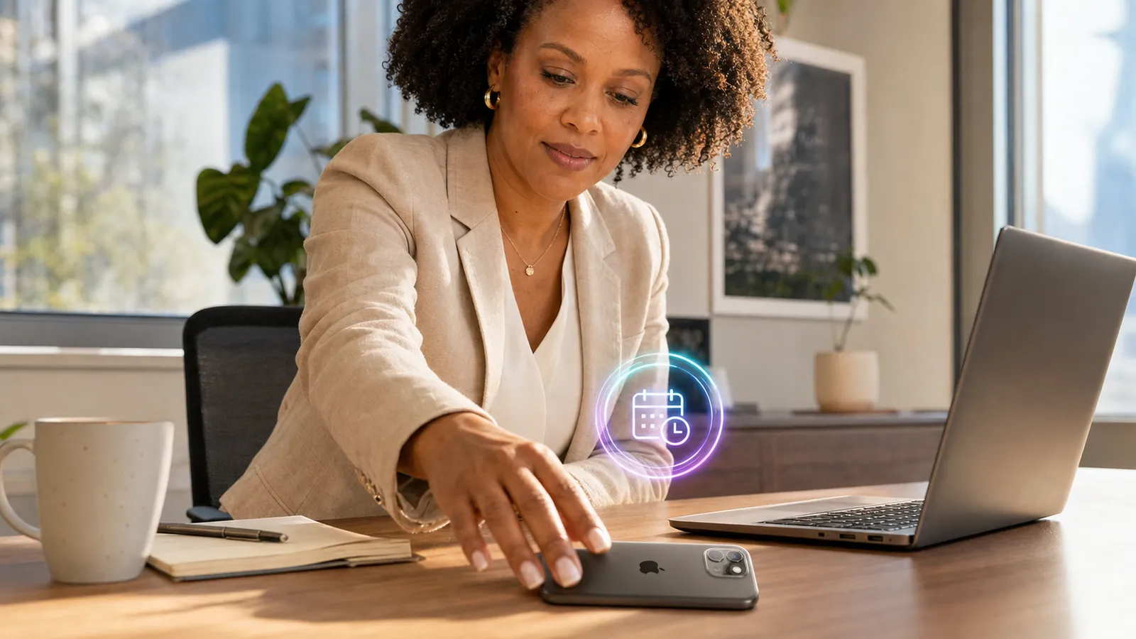 A professional glancing at a phone notification reminding them a meeting is about to start, with a calendar event and a soft AI overlay