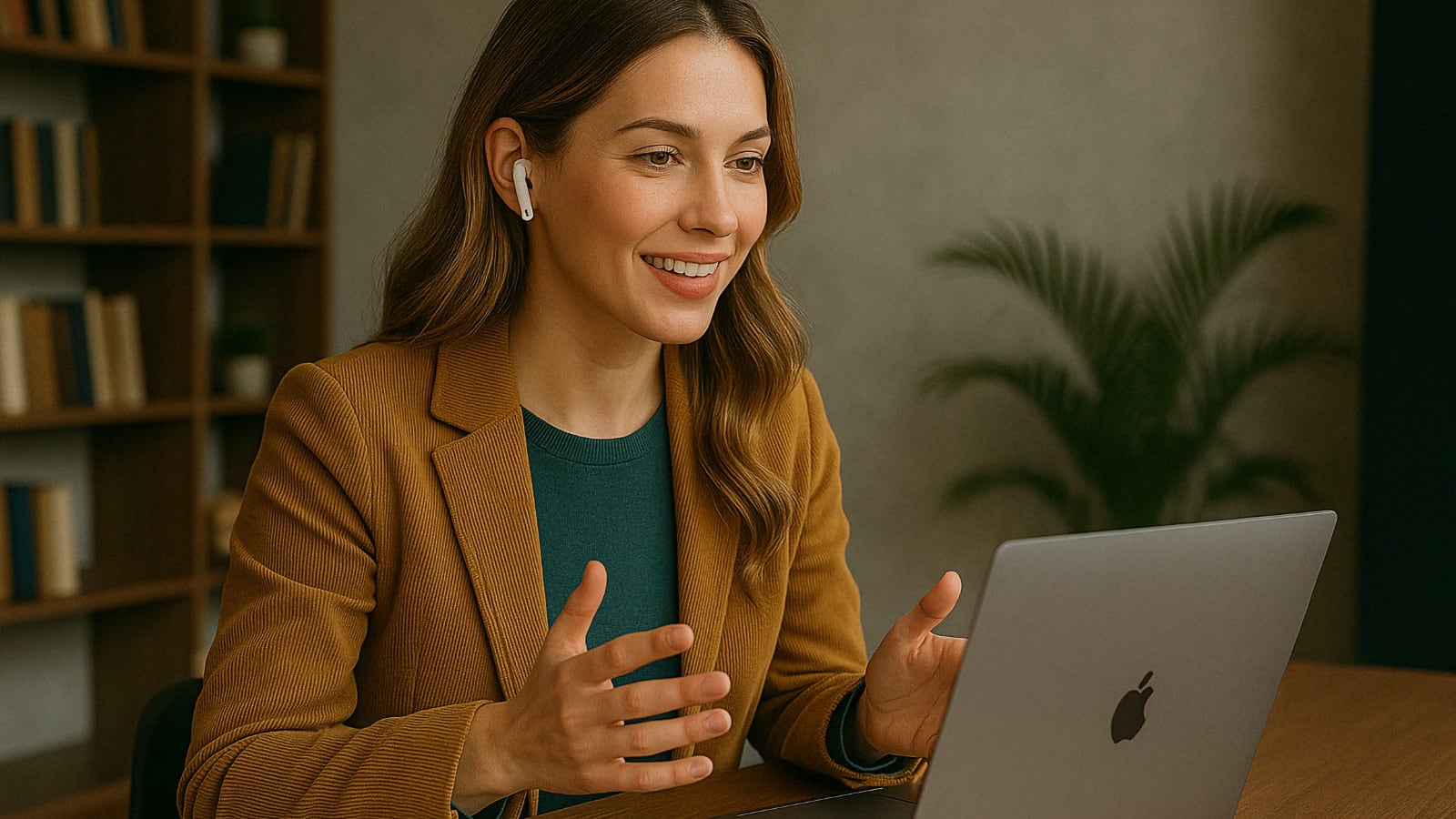 Femme avec des écouteurs sans fil faisant des gestes pendant un appel vidéo sur un MacBook