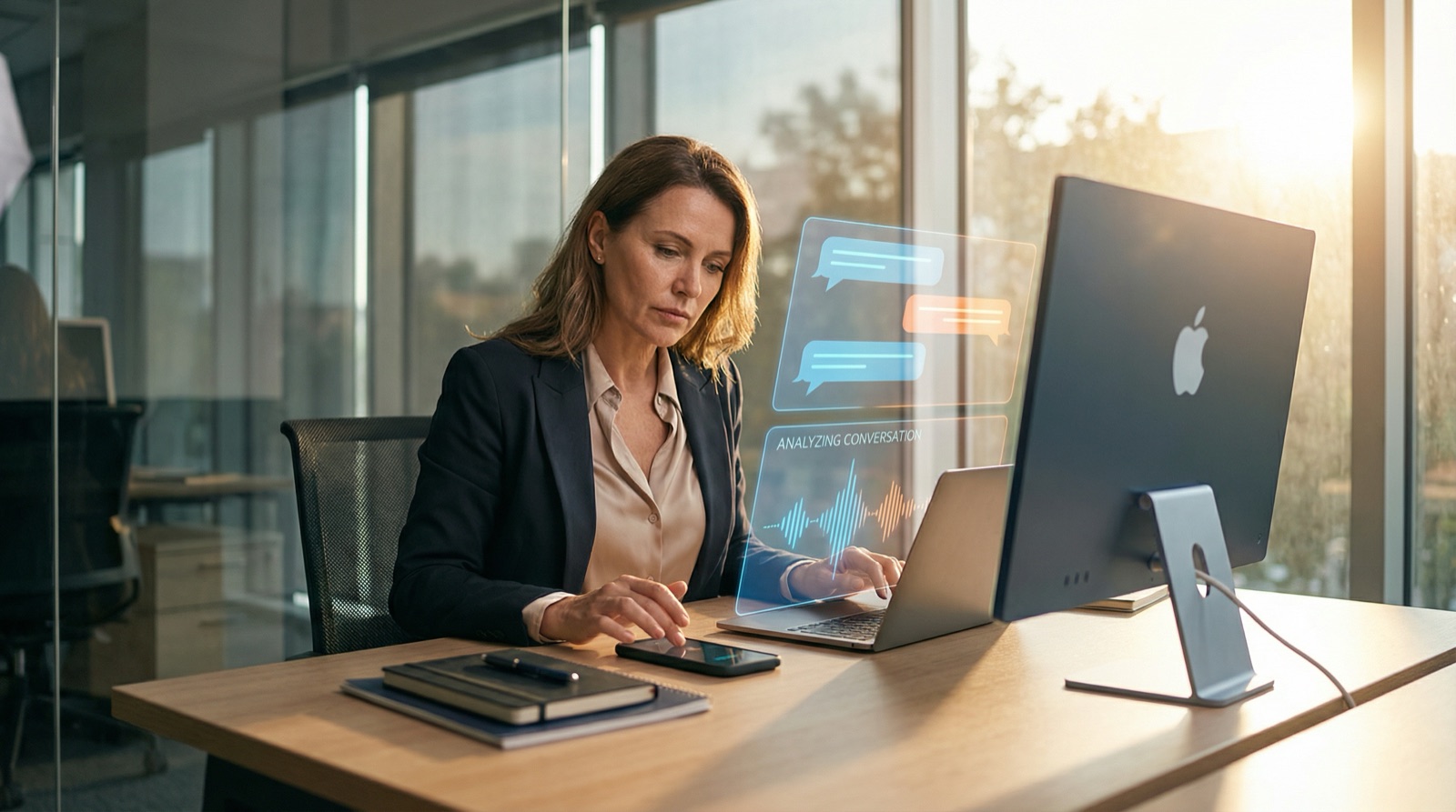 Femme d'affaires à un bureau avec des graphiques holographiques d'analyse de conversation au-dessus de son ordinateur portable