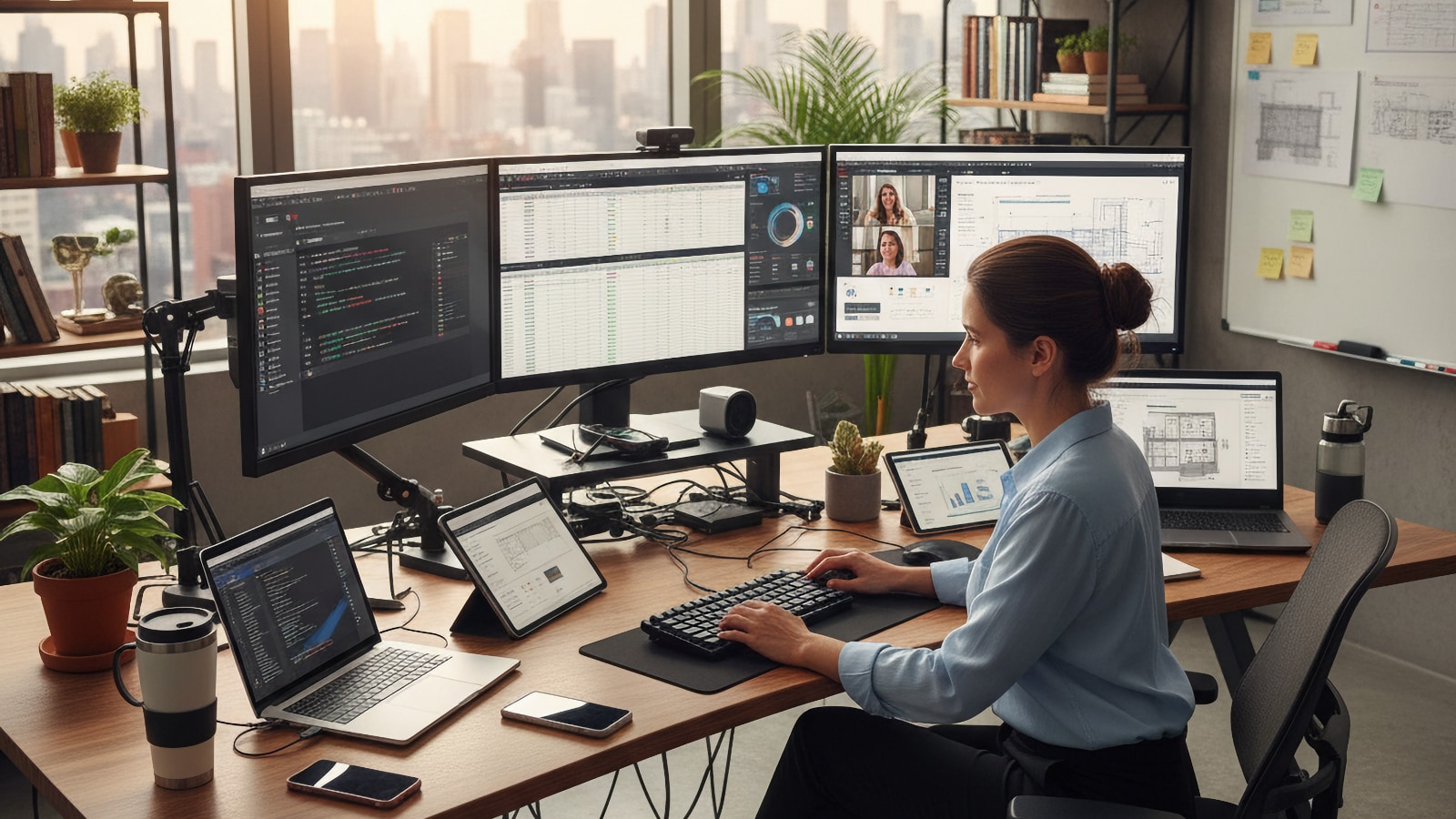 Femme travaillant à un poste de travail multi-écrans avec des tableaux de bord et un appel vidéo