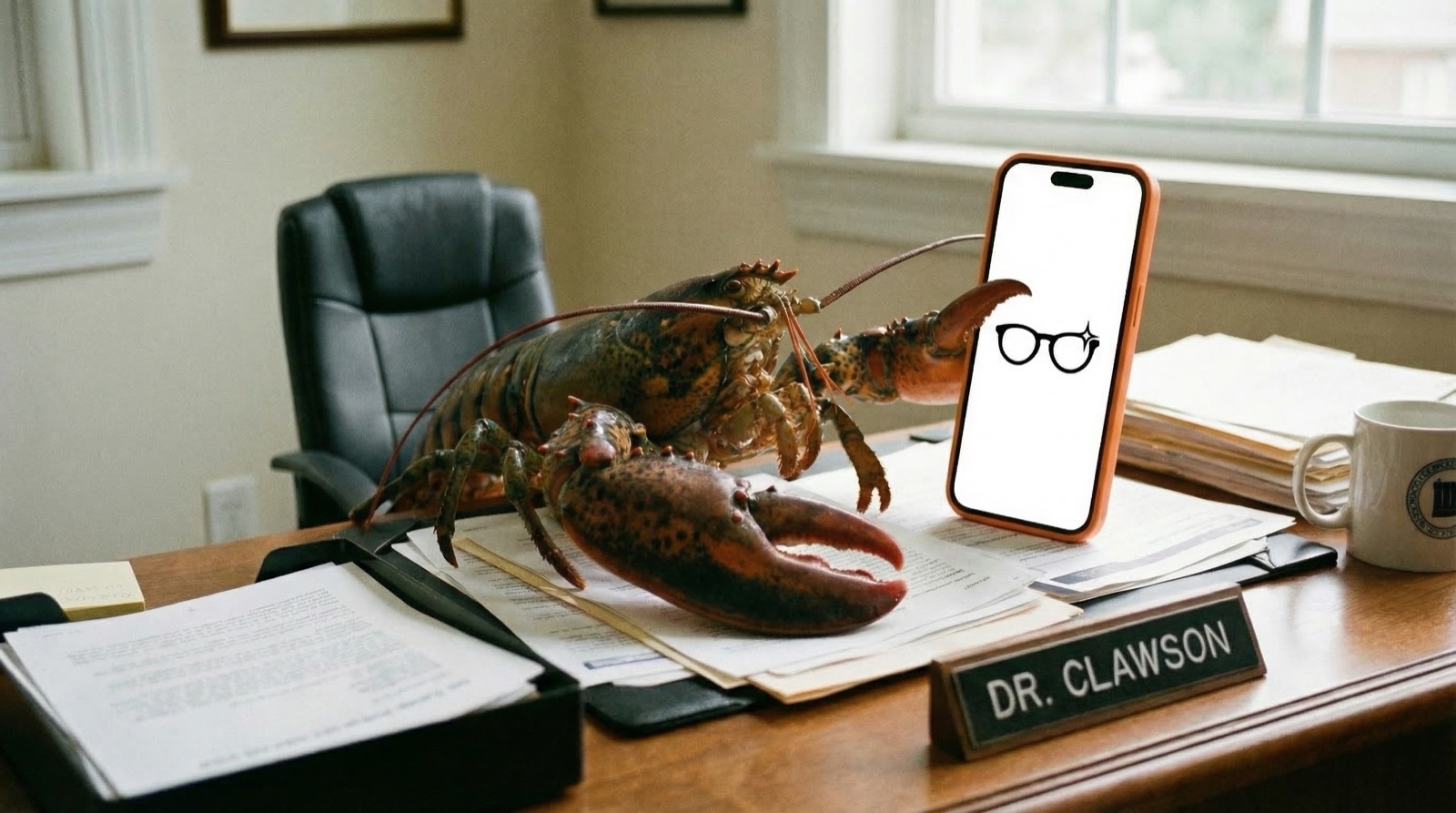 Homard assis à un bureau de travail à côté d'un téléphone affichant le logo lunettes de Hedy