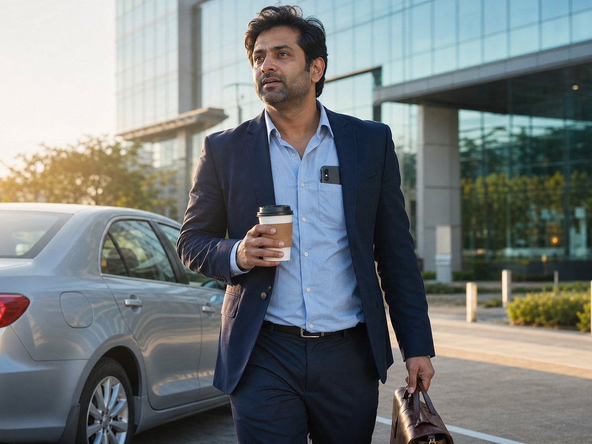 Profesional saliendo de un coche aparcado con una bolsa de portátil y café, con un iPhone sujeto al bolsillo de la camisa, caminando hacia un edificio de oficinas