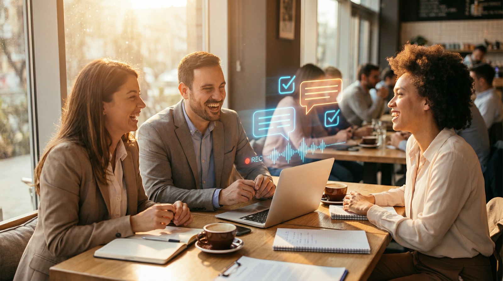 Trois collègues riant autour d'un ordinateur portable dans un café avec des icônes holographiques de chat et d'audio