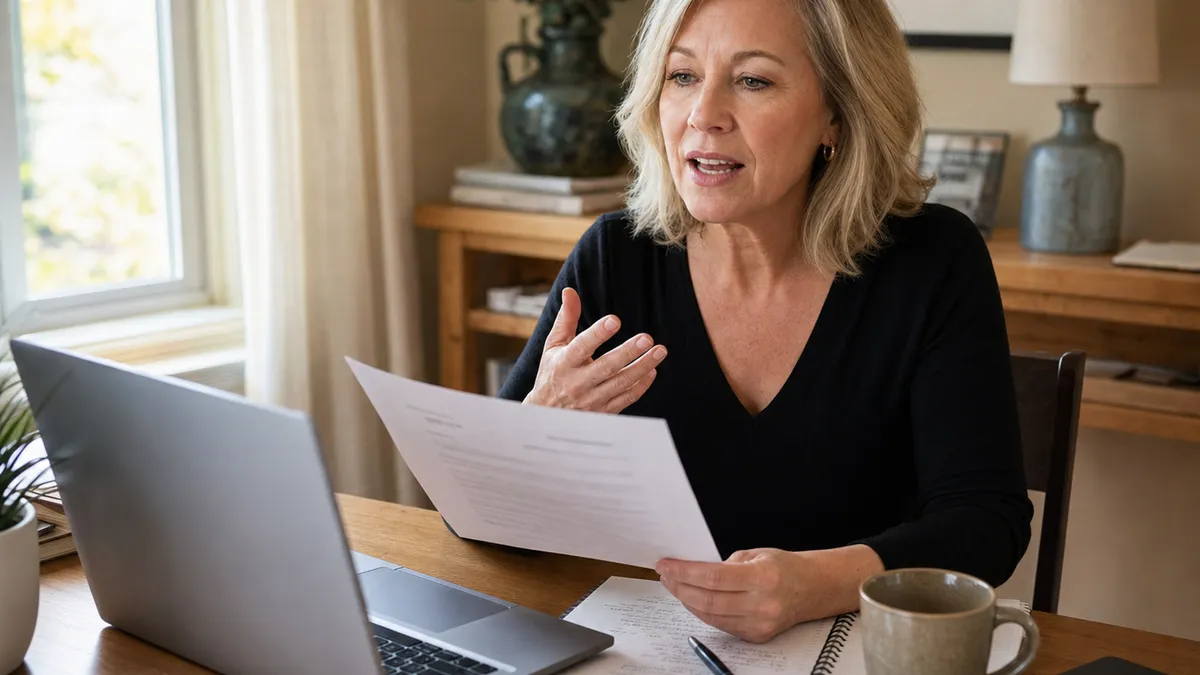 Mulher praticando respostas de entrevista em voz alta em uma mesa de home office enquanto um app de coaching com IA escuta no celular