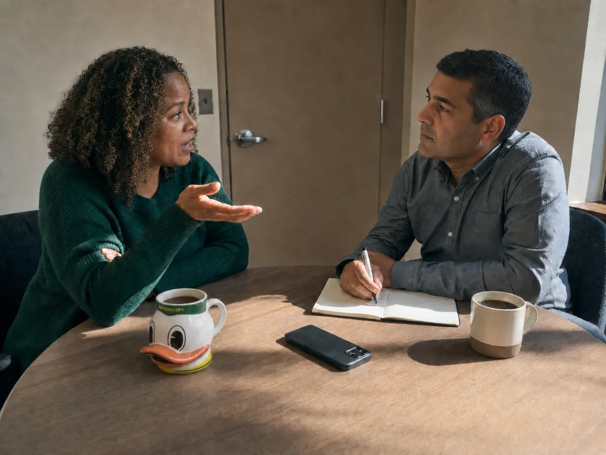 Two colleagues in conversation at a small table in a private office with the door closed, an iPhone lying face-down between them beside a notebook and an Oregon Ducks duck-shaped coffee mug