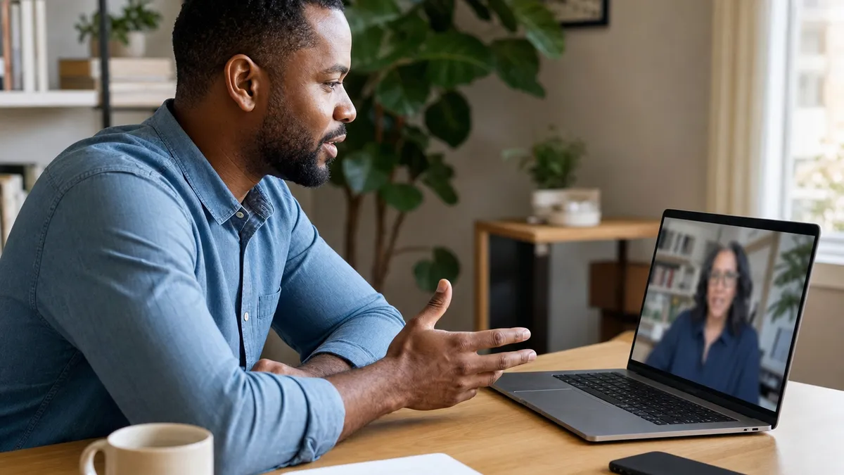 Mulher em um home office falando e gesticulando durante uma entrevista por vídeo no laptop