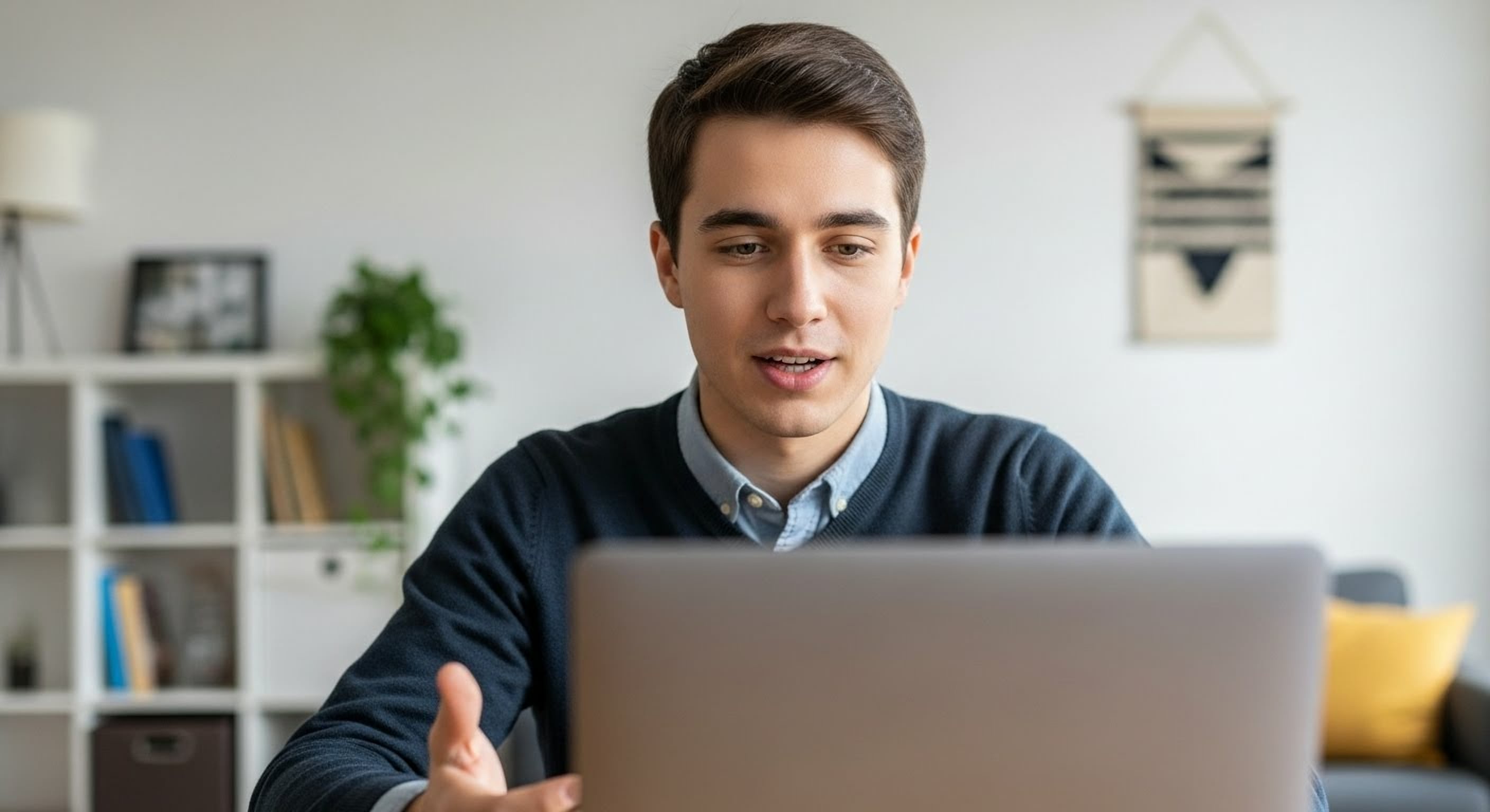 Jeune homme parlant et gesticulant lors d'un appel vidéo sur son ordinateur portable dans un bureau à domicile
