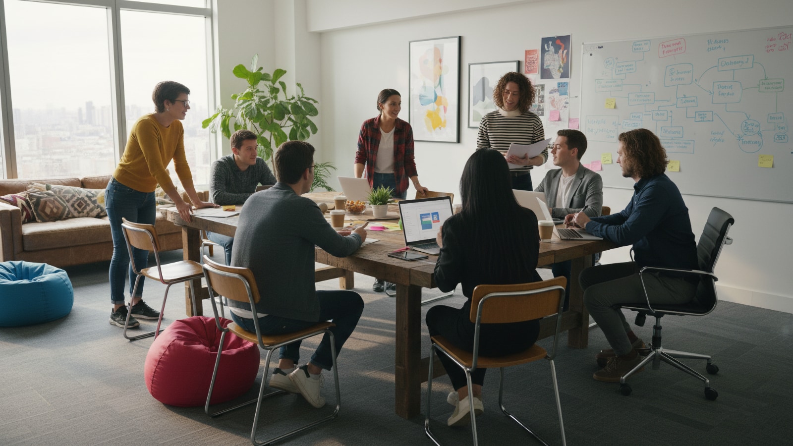 Équipe diversifiée réunie autour d'une table avec des ordinateurs portables dans un bureau moderne et lumineux avec vue sur la ville