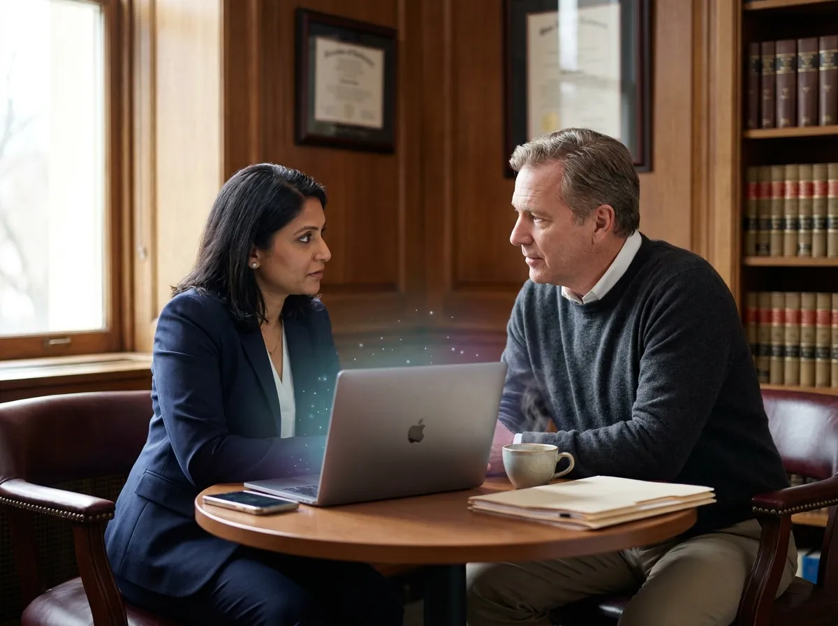 An attorney and her client in a private law-office consultation, with a MacBook between them showing a soft cyan-and-purple hologram that suggests AI processing happening on the device