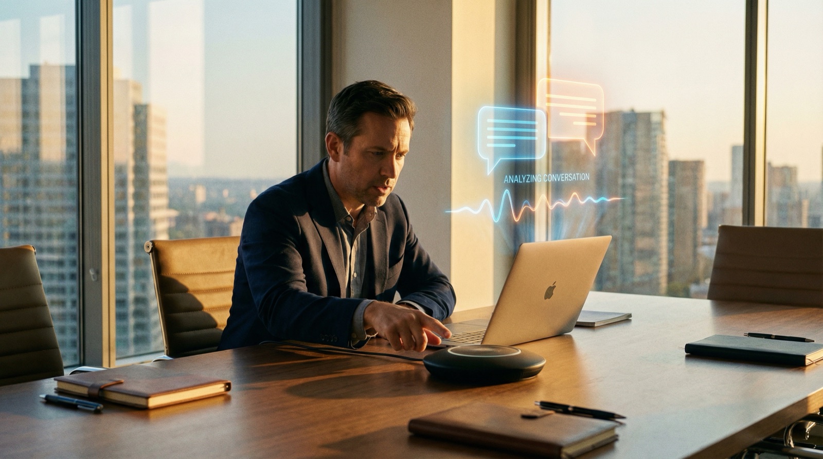 Homme travaillant sur un ordinateur portable à une table de conférence avec un overlay holographique d'analyse de conversation