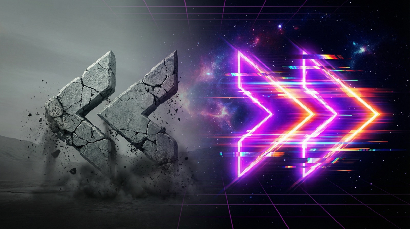 Flèches de rembobinage en pierre s'effritant à gauche contrastant avec des flèches d'avance rapide néon brillantes à droite