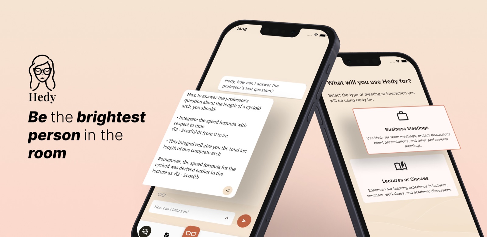 Deux iPhones affichant l'interface de chat de l'application Hedy et l'écran de sélection du type de session