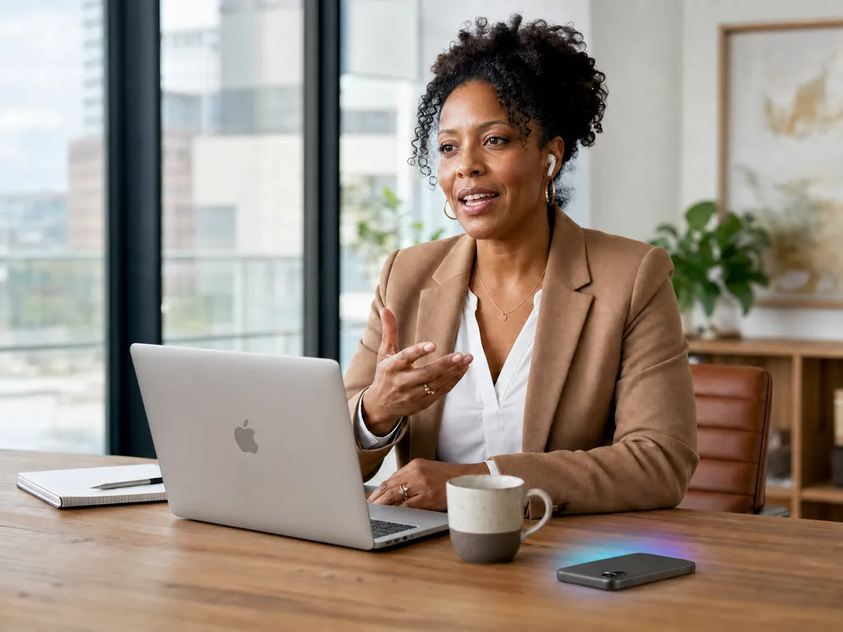 A saleswoman in a blazer speaking and gesturing during a call at her desk, an iPhone face-down beside her laptop