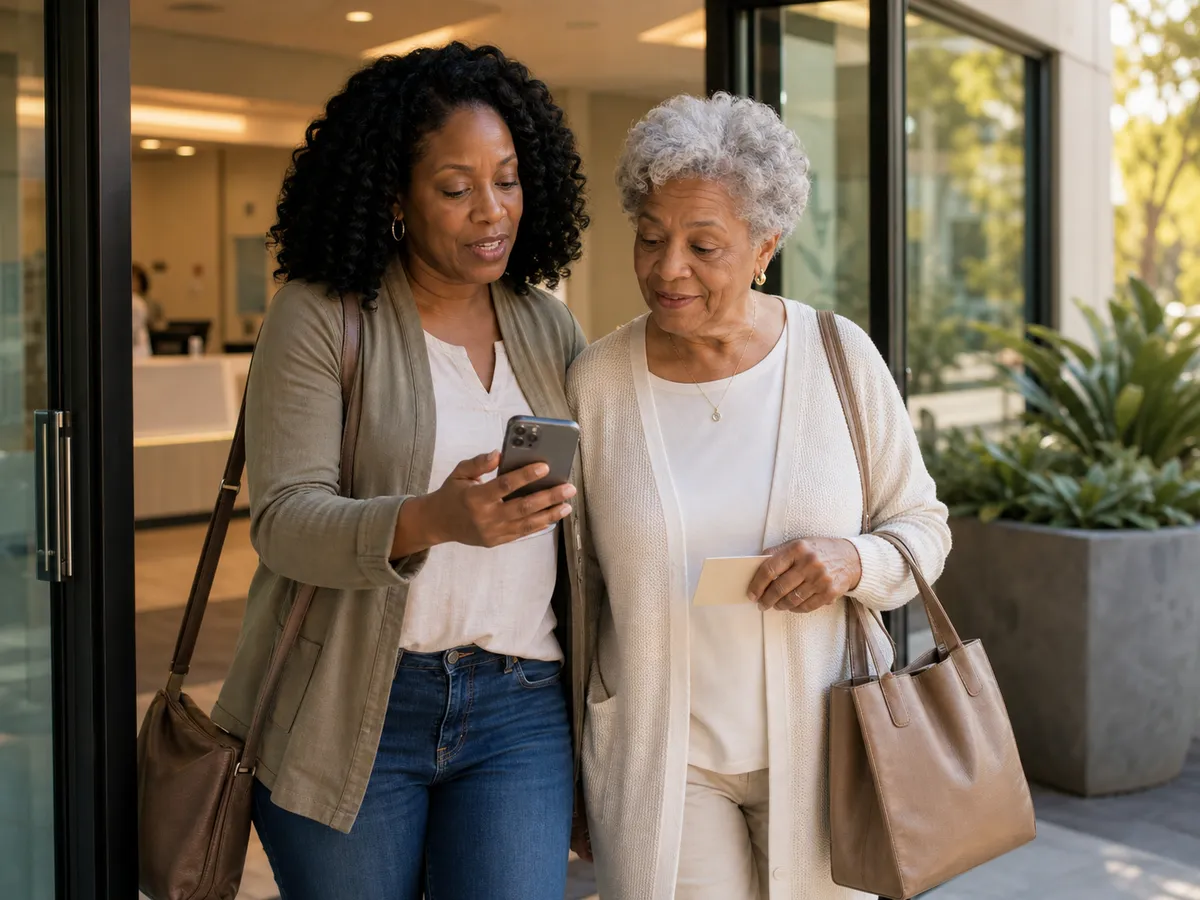 An adult daughter and her mother leaving a medical clinic together, looking at a phone she is holding between them