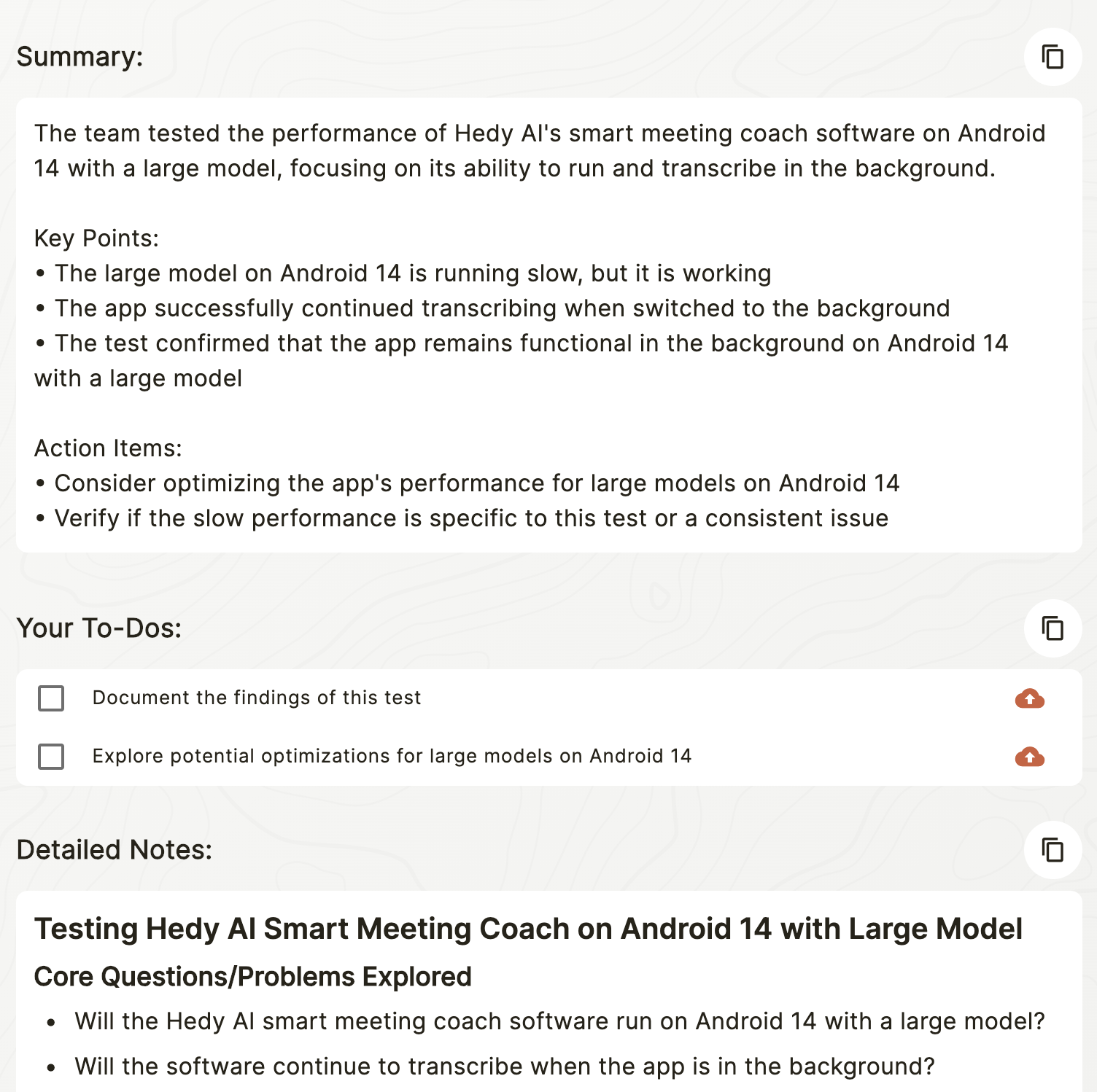 Beispiel-Meeting mit automatisch von Hedys KI generierten To-do-Einträgen
