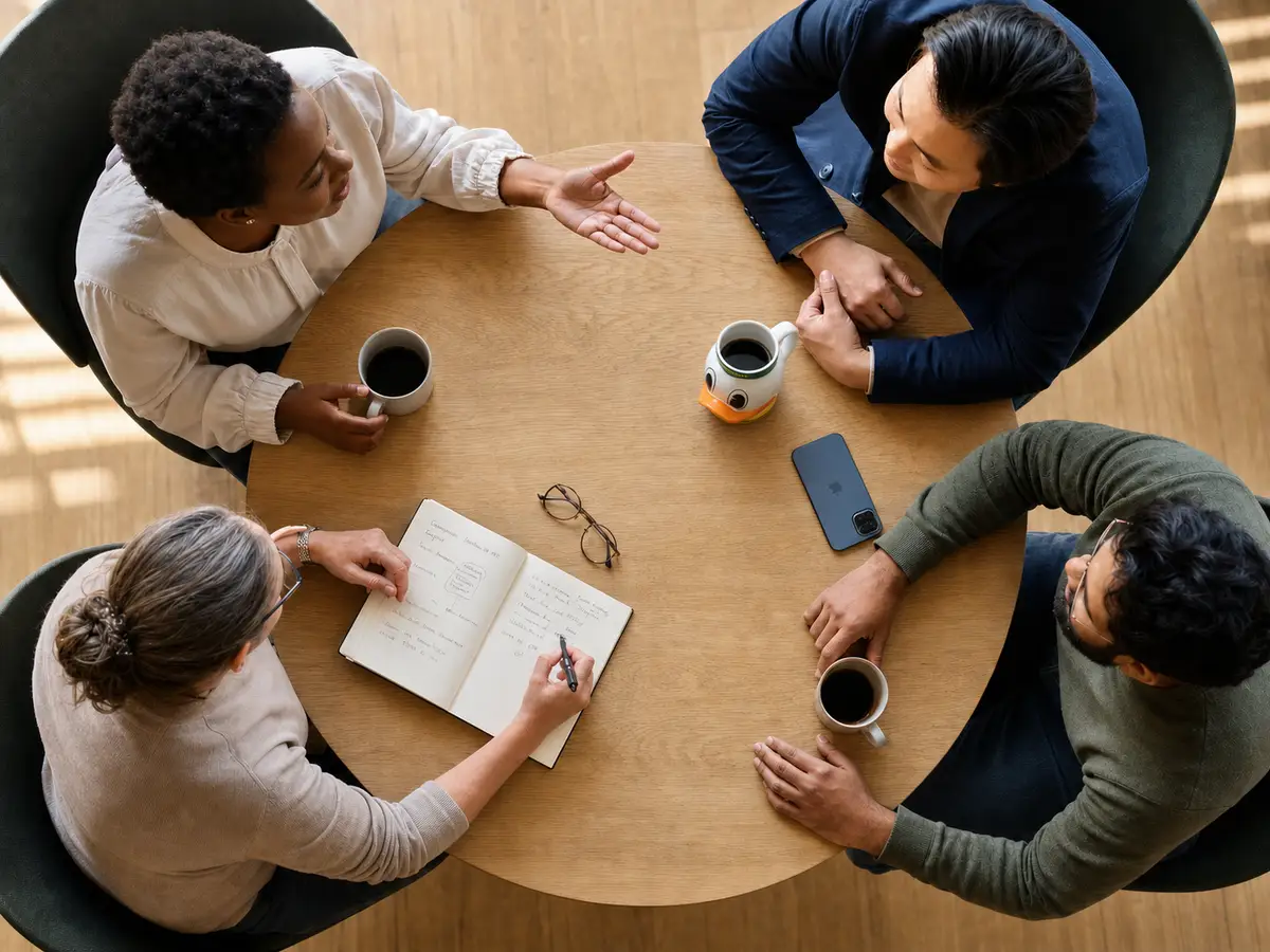 Overhead view of four colleagues mid-conversation around a round wooden table with coffee mugs, an open notebook, and a face-down iPhone