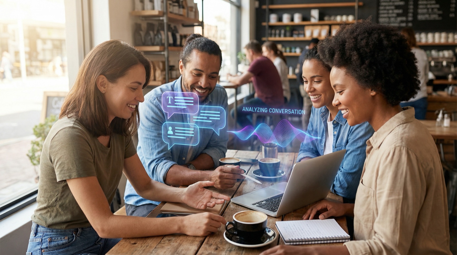 Quatre collègues souriants autour d'un ordinateur portable dans un café avec des icônes holographiques de chat et d'analyse