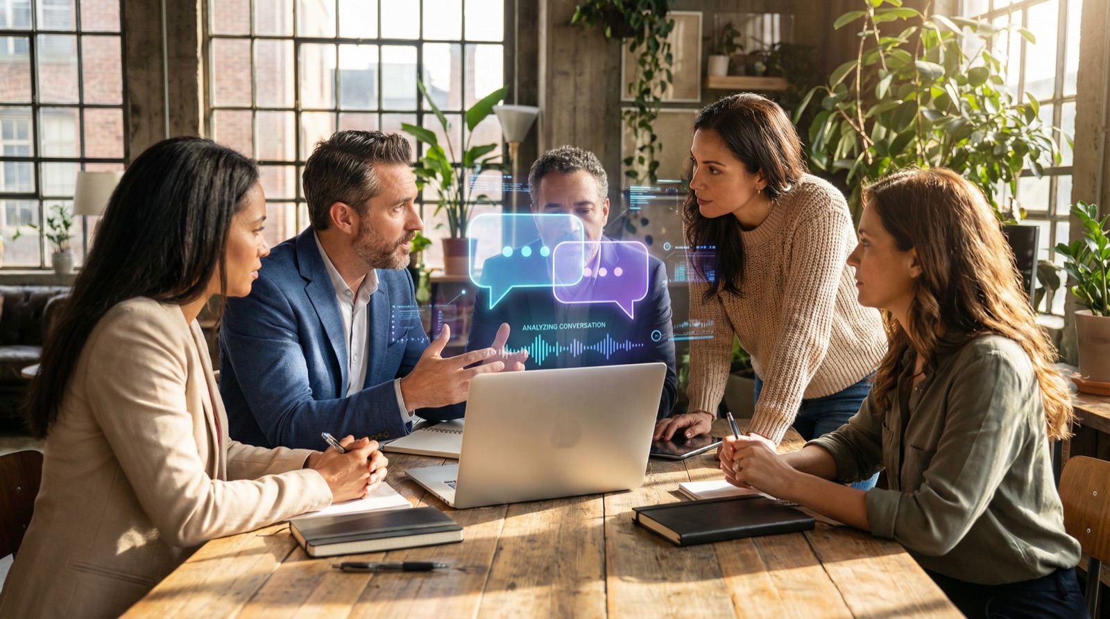 Quatre professionnels discutant autour d'un ordinateur portable avec des bulles de dialogue holographiques et des ondes audio en superposition