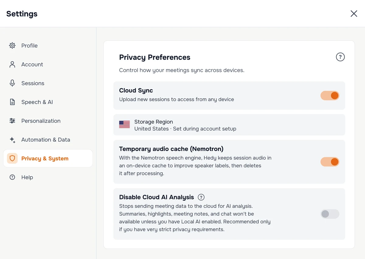 The Privacy Preferences panel in Hedy's settings, showing the Cloud Sync toggle, the storage region chosen during account setup, and the Disable Cloud AI Analysis toggle switched off